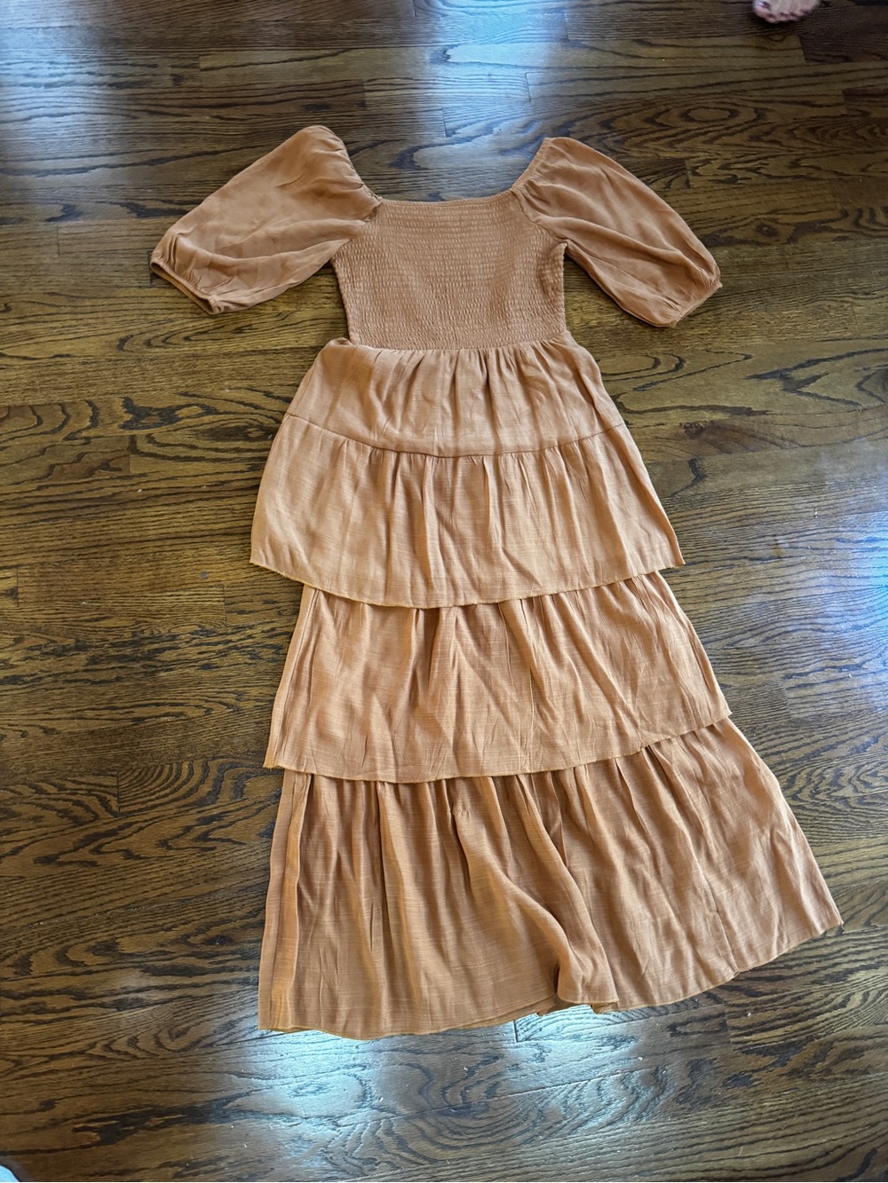 Brown/Rust Solid Smocked Square Neck Puff Sleeve Tiered Maxi Dress Lined Size L
